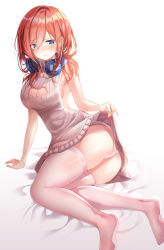 Rule 34 | 1girl, absurdres, arm support, ass, bad id, bad pixiv id, bare arms, bare shoulders, blue eyes, breasts, cleavage, cleavage cutout, clothing cutout, go-toubun no hanayome, hair between eyes, headphones, headphones around neck, highres, icebox46, long hair, looking at viewer, medium breasts, meme attire, nakano miku, panties, red hair, ribbed sweater, sidelocks, simple background, sleeveless, sleeveless turtleneck, solo, sweater, thighhighs, turtleneck, underwear, virgin killer sweater, white background, white panties, white thighhighs