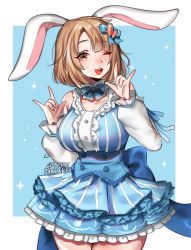 Rule 34 | 1girl, :3, :d, animal ears, blue background, blue bow, blue bowtie, blue dress, blue skirt, border, bow, bowtie, breasts, brown eyes, brown hair, bunny ayumi, bunny ayumi (vtuber), buttons, cleavage, cowboy shot, double-breasted, double m/, dress, hair bow, indie virtual youtuber, large breasts, looking at viewer, m/, medium hair, one eye closed, open mouth, outside border, pleated skirt, rabbit ears, skirt, skirt under dress, smile, solo, standing, terupancake, twitter username, underbust, virtual youtuber, white border