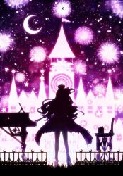 1girl aerial_fireworks box castle clock clock_tower commentary crescent_moon crown dress fireworks gift gift_box grand_piano hair_rings harada_miyuki highres himemori_luna himemori_luna_(1st_costume) hololive instrument long_hair mini_crown moon piano pink_theme silhouette single_hair_ring star_(symbol) tower virtual_youtuber wavy_hair