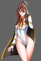 Rule 34 | 1girl, absurdres, ahoge, alternate costume, arc system works, artist request, blazblue, breasts, brown eyes, brown hair, cape, celica a. mercury, grey background, hair ribbon, heart, heart-shaped pupils, highleg, highleg leotard, highres, leotard, long hair, looking at viewer, matching hair/eyes, ponytail, ribbon, shiny skin, simple background, smile, solo, symbol-shaped pupils