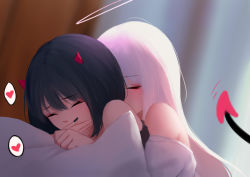 Rule 34 | 2girls, angel and devil, bare shoulders, black hair, black shirt, blue eyes, blurry, blurry background, blush, closed eyes, covering own mouth, demon tail, dress, hand over own mouth, heart, highres, horns, hug, hug from behind, kiss, long hair, lying, lying on person, multiple girls, off-shoulder dress, off shoulder, on stomach, original, shimmer, shirt, short hair, simple background, spoken heart, tail, yuri