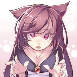 Rule 34 | 1girl, :o, animal ears, breasts, brooch, brown hair, claw pose, cleavage, collarbone, eyelashes, fang, fingernails, gradient background, imaizumi kagerou, jewelry, long fingernails, long hair, long sleeves, looking at viewer, midorino eni, open mouth, palms, paw print, red eyes, sharp fingernails, slit pupils, solo, swept bangs, touhou, upper body, wolf ears