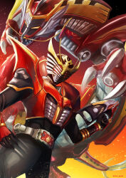 Rule 34 | 1boy, absurdres, advent deck, alternate costume, armor, belt, bodysuit, compound eyes, contract monster, dragon, dragreder, dragvisor, eastern dragon, fire, full body, gloves, heisei, helmet, highres, holding, holding weapon, kamen rider, kamen rider ryuki, kamen rider ryuki (series), kamen rider ryuki survive, looking at viewer, male focus, official alternate costume, red eyes, ryotaros, solo, standing, tokusatsu, v buckle, weapon, yellow eyes
