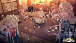 Rule 34 | 6+girls, anniversary, artist name, at2., blonde hair, blush, brown eyes, character request, chopsticks, closed mouth, collarbone, copyright request, double v, eating, closed eyes, facing viewer, glasses, headphones, highres, holding, holding chopsticks, indoors, kotatsu, looking at viewer, looking away, messy hair, multiple girls, open mouth, pink eyes, plate, red hair, round eyewear, short hair, sitting, smile, table, teeth, v