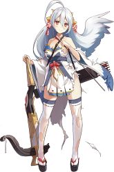 Rule 34 | 1girl, ahoge, arrow (projectile), bare shoulders, bow (weapon), crossbow, frown, full body, holding, holding arrow, holding bow (weapon), holding crossbow, holding weapon, kekemotsu, long hair, oshiro project:re, quiver, red eyes, sandals, skirt, solo, tears, thighhighs, torn clothes, transparent background, weapon, white hair, yanagawa (oshiro project)