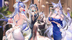 Rule 34 | 4girls, absurdres, aegir (azur lane), alternate costume, animal ears, ass, azur lane, breasts, cake, champagne flute, cheshire (azur lane), cleavage, cup, dress, drinking glass, food, fork, fox ears, fox girl, fox tail, fruit, highres, holding, holding plate, horns, kestie choi, large breasts, looking at viewer, medium breasts, multicolored hair, multiple girls, multiple tails, new jersey (azur lane), new jersey (snow-white ceremony) (azur lane), official alternate costume, plate, rabbit ears, shinano (azur lane), strawberry, streaked hair, tail, wedding dress