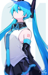 Rule 34 | 1girl, arms behind back, bare shoulders, black skirt, black sleeves, blue eyes, blue hair, blue necktie, commentary, cowboy shot, detached sleeves, expressionless, from below, hair ornament, half-closed eyes, hatsune miku, highres, long hair, looking at viewer, miniskirt, necktie, pleated skirt, shirt, shoulder tattoo, signature, skirt, sleeveless, sleeveless shirt, solo, standing, tattoo, twintails, very long hair, vocaloid, wanaxtuco, white shirt