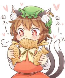 Rule 34 | 1girl, :3, animal ears, brown hair, cat ears, cat tail, chen, commentary request, earrings, fang, food, food in mouth, green hat, hat, heart, heart background, ibaraki natou, jewelry, long sleeves, mob cap, multiple tails, nekomata, short hair, single earring, solo, sparkling eyes, tail, taiyaki, touhou, two tails, wagashi