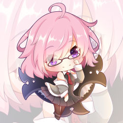 Rule 34 | 1girl, ahoge, black dress, black footwear, black pantyhose, blush, brown-framed eyewear, closed mouth, collared dress, commentary request, dress, eyes visible through hair, fate/grand order, fate (series), glasses, grey hoodie, hair over one eye, hand up, head tilt, hood, hood down, hoodie, lokyin house, looking at viewer, mash kyrielight, necktie, off shoulder, open clothes, open hoodie, pantyhose, pink hair, pleated dress, purple eyes, red necktie, smile, solo, zoom layer