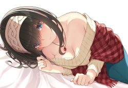 Rule 34 | 1girl, absurdres, bare shoulders, bed sheet, black hair, blue eyes, blue skirt, blush, breasts, cleavage, closed mouth, go-1, hairband, highres, idolmaster, idolmaster cinderella girls, jewelry, large breasts, long hair, looking at viewer, lying, necklace, off-shoulder sweater, off shoulder, on side, pendant, sagisawa fumika, shawl, simple background, skirt, smile, solo, sweat, sweater, white background