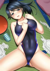 Rule 34 | 10s, 1girl, :d, apron, bare shoulders, black hair, blush, breasts, collarbone, competition swimsuit, covered navel, cup, female focus, half-closed eyes, highleg, highleg swimsuit, houshou (kancolle), kantai collection, large breasts, long hair, looking at viewer, lying, on back, one-piece swimsuit, open mouth, pillow, ponytail, shibata rai, skin tight, smile, solo, spread legs, swimsuit, torn apron, torn clothes, water