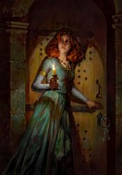 Rule 34 | 1girl, candle, door, dress, european clothes, gwent (game), highres, holding, holding candle, key, charm (object), looking back, medium hair, non-web source, orange hair, solo
