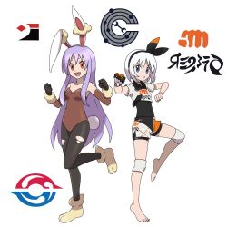 Rule 34 | 2girls, :o, animal ears, asatsuki (fgfff), barefoot, bea (pokemon), bea (pokemon) (cosplay), black bodysuit, black bow, black gloves, black hairband, black legwear, blue eyes, bodysuit, bodysuit under clothes, bow, bow hairband, breasts, cleavage, collarbone, collared shirt, cosplay, covered navel, creatures (company), game freak, gloves, hairband, highres, konpaku youmu, leotard, light purple hair, long hair, multiple girls, nintendo, open mouth, pantyhose, partially fingerless gloves, pokemon, pokemon swsh, print shirt, print shorts, rabbit ears, rabbit tail, red eyes, reisen udongein inaba, shirt, short hair, short sleeves, shorts, side slit, side slit shorts, simple background, single glove, standing, standing on one leg, torn clothes, torn legwear, touhou, very long hair, white background