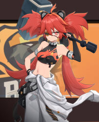 Rule 34 | 1girl, animal ears, ayami (user gywv2483), black gloves, breasts, closed mouth, crop top, eyepatch, fake animal ears, fingerless gloves, flame print, gloves, hair bobbles, hair ornament, hand on own hip, highres, holding, holding weapon, jumpsuit, jumpsuit around waist, koleda belobog, looking at viewer, midriff, navel, red eyes, red hair, simple background, small breasts, solo, twintails, war hammer, weapon, white jumpsuit, zenless zone zero