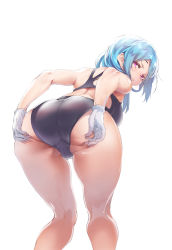 Rule 34 | 1girl, ass, ass focus, ass grab, bent over, blue hair, boots, breasts, cameltoe, competition swimsuit, from behind, gakuen taisen valkyries, gloves, grabbing own ass, hair ornament, hairclip, highres, kneepits, large breasts, long hair, looking at viewer, looking back, maria pasternak, naughty face, one-piece swimsuit, parted lips, pink eyes, raised eyebrow, sabaku no tanuki, simple background, smile, solo, spread ass, swimsuit, thighs, trefoil, white background, white gloves