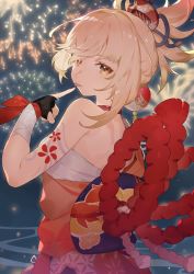 Rule 34 | 1girl, :3, :p, arm tattoo, bandaged arm, bandages, bare shoulders, blonde hair, breasts, choker, female focus, finger to mouth, fingerless gloves, fireworks, from side, genshin impact, gloves, hair ornament, half-closed eyes, highres, japanese clothes, kimono, looking at viewer, looking back, medium breasts, night, night sky, obi, orange kimono, ryein, sarashi, sash, sky, smile, smug, solo, tattoo, tongue, tongue out, traditional clothes, upper body, yellow eyes, yoimiya (genshin impact)