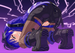 1girl absurdres ass black_footwear black_hair black_pantyhose black_shorts boots clenched_teeth commission curled_up grey_eyes highres jacket multicolored_hair pain pantyhose pantyhose_under_shorts pixiv_commission purple_hair purple_jacket reina_(tekken) shorts solo teeth tekken tekken_8 two-tone_hair yagi2013
