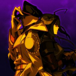Rule 34 | 1boy, 1girl, albedo (overlord), armor, artist request, back-to-back, black hair, hat, nazi, overlord (maruyama), pandora&#039;s actor, purple background