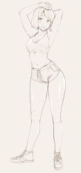 Rule 34 | 1girl, absurdres, aihara akito, arm above head, arm behind head, armpits, breasts, full body, greyscale, highres, large breasts, monochrome, navel, original, parted lips, shoes, short hair, short shorts, shorts, smile, sneakers, solo, sports bra, sweat