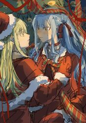 2girls bang_dream! bang_dream!_it&#039;s_mygo!!!!! blue_hair blush cape capelet choker christmas christmas_tree commentary dress fur-trimmed_capelet fur_trim gloves green_hair hair_ribbon hand_on_another&#039;s_shoulder hat highres kita_no_shinya long_hair long_sleeves looking_at_another multiple_girls parted_lips red_cape red_choker red_dress red_gloves red_ribbon ribbon santa_hat sweatdrop togawa_sakiko two_side_up wakaba_mutsumi yellow_eyes yuri