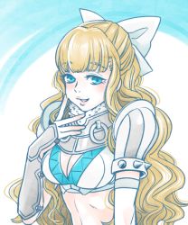 Rule 34 | 1girl, armor, blonde hair, blue eyes, bow, breasts, charlotte (fire emblem), cleavage, female focus, fire emblem, fire emblem fates, fur trim, gradient background, hair bow, large breasts, lips, long hair, midriff, nintendo, parted lips, pauldrons, shirokuro (0501), shirokuro (0501nk), shoulder armor, smile, solo, spikes, upper body, wavy hair, white bow