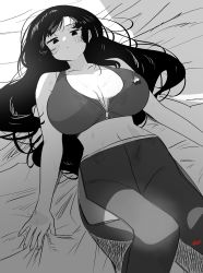 Rule 34 | 1girl, blush, breasts, breasts apart, greyscale, highres, huge breasts, large breasts, long hair, looking at viewer, lying, midriff, monochrome, navel, on back, on bed, original, pants, parted lips, ryusei hashida, signature, solo, very long hair