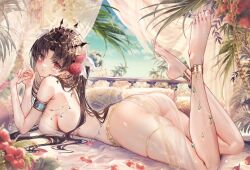 Rule 34 | 1girl, anklet, arabian clothes, armlet, ass, balcony, bare shoulders, barefoot, black hair, blush, breasts, chiachun0621, crown, curtains, dancer, fate/grand order, fate (series), feet, flower, from side, full body, hair flower, hair ornament, hair ribbon, harem outfit, huge ass, indoors, ishtar (fate), jewelry, legs, long hair, looking at viewer, looking to the side, medium breasts, nail polish, no bra, on bed, outdoors, red eyes, red flower, red rose, ribbon, rose, see-through, sideboob, thick thighs, thighlet, thighs, tiara, toes, turban, wide hips