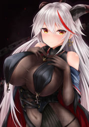 Rule 34 | 1girl, absurdres, aegir (azur lane), azur lane, bare shoulders, black cape, bodystocking, breast curtains, breasts, cape, covered navel, cross, cross-laced clothes, cross earrings, demon horns, earrings, hair between eyes, hands on own chest, highres, horns, huge breasts, impossible clothes, iron cross, jewelry, long hair, looking at viewer, multicolored hair, red hair, ryara, solo, streaked hair, taut clothes, two-tone hair, underbust, very long hair, white hair, yellow eyes