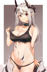 Rule 34 | 1girl, absurdres, arknights, bare arms, bare shoulders, black choker, black panties, breasts, choker, cleavage, cowboy shot, crop top, groin, hand up, highres, horns, jsscj, large breasts, long hair, looking at viewer, material growth, midriff, mudrock (arknights), navel, oripathy lesion (arknights), panties, pointy ears, red eyes, silver hair, solo, sports bra, standing, stomach, strap pull, underwear