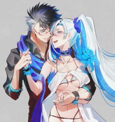 Rule 34 | 1boy, 1girl, aqua hair, aqua nails, bikini, breasts, brynhildr (fate), brynhildr (swimsuit berserker) (fate), brynhildr (swimsuit berserker) (first ascension) (fate), collarbone, commentary request, eye contact, eyelashes, fate/grand order, fate (series), floating hair, galibo, glasses, green eyes, grey background, hair ornament, height difference, holding hands, long hair, looking at another, looking to the side, nail polish, navel, open mouth, sigurd (fate), sigurd (memories with my lover) (fate), spiked hair, swimsuit, teeth, tongue