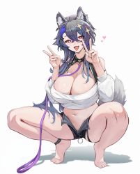 Rule 34 | 1girl, :d, ahoge, animal ear fluff, animal ears, ankleband, asymmetrical hair, azur lane, bare shoulders, barefoot, black shorts, blush, breasts, cbmus, cleavage, collarbone, commentary, cropped sweater, cross hair ornament, crossed bangs, detached collar, dog ears, dog tail, double v, fang, female pubic hair, foch (azur lane), foch (rainbow rendezvous) (azur lane), full body, grey hair, hair between eyes, hair ornament, hair over shoulder, heart, heart-shaped pupils, highres, holster, kemonomimi mode, large breasts, leash, long hair, looking at viewer, multicolored hair, navel, off-shoulder sweater, off shoulder, official alternate costume, open clothes, open mouth, open shorts, pubic hair, purple hair, red eyes, shadow, shorts, sidelocks, simple background, skin fang, smile, solo, squatting, stomach, sweater, symbol-shaped pupils, tail, thigh holster, tongue, tongue out, v, white background, white sweater