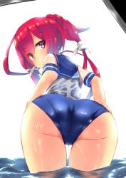 Rule 34 | 10s, 1girl, ass, from behind, hair between eyes, hair ribbon, hand on own hip, i-168 (kancolle), kantai collection, leaning forward, long hair, looking at viewer, one-piece swimsuit, partially submerged, ponytail, red hair, ribbon, school swimsuit, school uniform, see-through, serafuku, solo, swimsuit, swimsuit under clothes, thighs, unomi, wading, water, wet, wet clothes