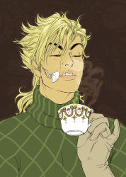 Rule 34 | 1boy, argyle, argyle clothes, argyle sweater, bandages, bandaid, blonde hair, blood, brown background, closed eyes, coffee, cup, diego brando, glasgow smile, gloves, gozu-mezu, green shirt, joanna krotka, jojo no kimyou na bouken, lips, long hair, male focus, pinky out, scary monsters (stand), sharp teeth, shirt, solo, stand (jojo), steel ball run, sweater, tea, teacup, teeth