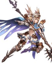 Rule 34 | 10s, 1girl, armor, armored boots, bikini armor, blonde hair, boots, breastplate, brown eyes, cape, djeeta (granblue fantasy), full body, gauntlets, granblue fantasy, helmet, holding, holding weapon, midriff, minaba hideo, pauldrons, polearm, short hair, shoulder armor, solo, thighhighs, transparent background, weapon