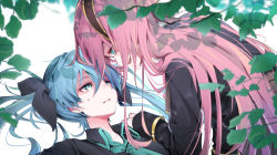 Rule 34 | 2girls, aqua necktie, black bow, blue eyes, blue hair, blurry, blurry background, blurry foreground, bow, collared shirt, commentary, depth of field, forehead-to-forehead, hair bow, half-closed eyes, hand on another&#039;s shoulder, hatsune miku, heads together, jacket, leaf, long hair, looking at another, lying, megurine luka, multiple girls, necktie, on back, parted lips, pink hair, shadow, shirt, smile, sweat, twintails, upper body, vocaloid, wanaxtuco, white background, yuri