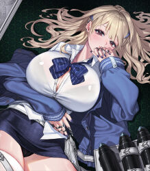 Rule 34 | 1girl, belt pouch, black panties, blonde hair, blue bow, blue bowtie, blue jacket, blush, bow, bowtie, bra visible through clothes, breasts, brown eyes, claw ring, cleavage, collared shirt, ear piercing, goddess of victory: nikke, hair ornament, hairclip, highres, huge breasts, jacket, jerry63, jewelry, long hair, looking at viewer, lying, mole, mole under eye, multiple rings, nail polish, off-shoulder jacket, off shoulder, on back, panties, pantyshot, partially unbuttoned, pencil skirt, piercing, pouch, puffy sleeves, purple nails, ring, shirt, skirt, sleeves past wrists, solo, tia (nikke), underwear, white shirt