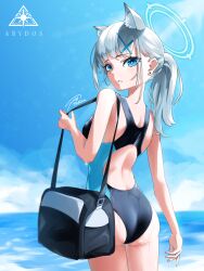 Rule 34 | 1girl, absurdres, animal ear fluff, animal ears, ass, bag, black one-piece swimsuit, blue archive, blue eyes, blue sky, breasts, cloud, competition swimsuit, cowboy shot, cross hair ornament, day, extra ears, grey hair, hair ornament, halo, highres, logo, long hair, looking at viewer, looking back, low ponytail, medium breasts, mismatched pupils, multicolored clothes, multicolored swimsuit, official alternate costume, one-piece swimsuit, outdoors, shiroko (blue archive), shiroko (swimsuit) (blue archive), sky, solo, swimsuit, t3ku, wolf ears