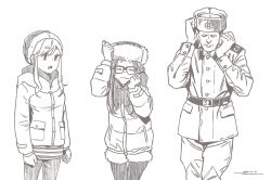 Rule 34 | 1boy, 2girls, brown theme, character request, closed eyes, closed mouth, coat, dated, fur-trimmed shorts, fur trim, glasses, horikou, inuyama aoi, jacket, long sleeves, military, military jacket, military uniform, monochrome, multiple girls, pants, pantyhose, parted lips, real life, shorts, sidelocks, signature, simple background, soldier, soviet, soviet army, uniform, white background, yurucamp
