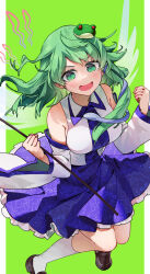 Rule 34 | 1girl, bare shoulders, blue skirt, blush, breasts, brown footwear, detached sleeves, frog hair ornament, green eyes, green hair, hair ornament, highres, japanese clothes, kochiya sanae, long hair, looking at viewer, medium breasts, nontraditional miko, open mouth, pleated skirt, shoes, skirt, smile, snake hair ornament, socks, solo, syuri22, touhou, white sleeves, white socks, wide sleeves