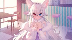 Rule 34 | 1girl, ahoge, animal ear fluff, animal ears, bare shoulders, blue eyes, blush, chair, chi yei, collarbone, commentary request, copyright request, day, dress, fang, grey hair, hair between eyes, hair intakes, hands up, heterochromia, highres, indoors, long hair, looking at viewer, multicolored hair, open mouth, pink hair, purple dress, red eyes, solo, stool, streaked hair, sunlight, table, very long hair, virtual youtuber, wavy mouth, window