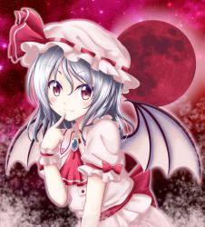 Rule 34 | 1girl, ascot, bat wings, blouse, blush, brooch, finger to mouth, gradient background, highres, jewelry, looking at viewer, moon, pointing, pointing at self, red eyes, red moon, reimei (r758120518), remilia scarlet, sash, shirt, short hair, silver hair, skirt, skirt set, smile, solo, touhou, wings, wrist cuffs