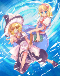 Rule 34 | 2girls, alice margatroid, blonde hair, blue background, blue eyes, book, broom, broom riding, female focus, foreshortening, grin, hat, inuinui, kirisame marisa, multiple girls, shoes, short hair, smile, touhou, witch, witch hat, x arms, yellow eyes
