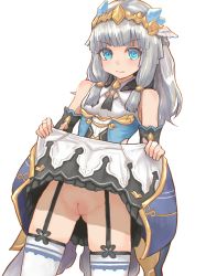 Rule 34 | 1girl, absurdres, bare shoulders, beatrice (rune factory), black garter straps, blue eyes, breasts, bridal gauntlets, cleft of venus, clothes lift, cowboy shot, detached sleeves, dress, dress lift, garter straps, gluteal fold, grey hair, highres, long hair, looking at viewer, no panties, pasheri, pussy, rune factory, rune factory 5, small breasts, solo, thighhighs, upskirt, white thighhighs