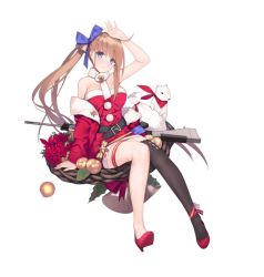 Rule 34 | bare shoulders, bell, black legwear, blue bow, blue eyes, blush, bow, breasts, brown hair, closed mouth, fal (girls&#039; frontline), girls&#039; frontline, gun, hair bell, hair bow, hair ornament, high heels, large breasts, looking at viewer, ponytail, santa costume, sitting, suisai (suisao), thighhighs, weapon