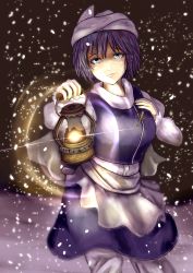 Rule 34 | 1girl, absurdres, apron, blue dress, blue eyes, breasts, closed mouth, cowboy shot, dress, head scarf, highres, kagami toufu, large breasts, letty whiterock, long sleeves, looking at viewer, oil lamp, puffy long sleeves, puffy sleeves, purple hair, short hair, smile, snowing, solo, touhou, waist apron