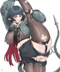 1girl anal anal_object_insertion animal_ears black_gloves black_hair blunt_bangs breasts commentary covered_erect_nipples english_commentary gloves green_eyes highres jacket jane_doe_(zenless_zone_zero) long_hair looking_at_viewer mouse_ears mouse_girl multicolored_hair object_insertion pantyhose planterak_draws red_hair shorts smile solo tail torn_clothes uncensored zenless_zone_zero