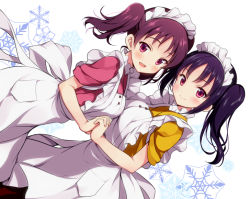 Rule 34 | 2girls, :d, apron, asymmetrical docking, bare arms, blush, breast press, closed mouth, cowboy shot, dutch angle, frilled apron, frills, from side, holding hands, interlocked fingers, japanese clothes, kazuno leah, kazuno sarah, kimono, long hair, looking at viewer, love live!, love live! school idol project, love live! sunshine!!, maid, maid apron, maid headdress, multiple girls, odawara hakone, open mouth, pink kimono, pocket, purple eyes, purple hair, red hair, siblings, side ponytail, sisters, smile, snowflakes, tasuki, twintails, wa maid, white apron, white background, yellow kimono