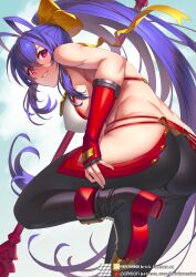 Rule 34 | 1girl, antenna hair, ass, blazblue, blazblue: central fiction, blazblue variable heart, blue hair, boots, bow, brick (atelier brick), fingerless gloves, genderswap, genderswap (mtf), gloves, hair between eyes, hair bow, halterneck, hip vent, holding, holding polearm, holding weapon, long hair, looking back, mai natsume, midriff, no bra, pants, pink eyes, polearm, ponytail, red gloves, sidelocks, solo, very long hair, weapon, yellow bow