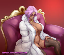 Rule 34 | 1girl, abs, breasts, cigarette, cleavage, coat, dark skin, fur coat, grin, highres, ingrid (taimanin asagi), jewelry, large breasts, long hair, navel, necklace, nofuture, pubic hair, purple-tinted eyewear, purple-tinted glasses, pussy, red background, smile, sunglasses, tagme, taimanin (series), thick thighs, thighhighs, thighs, tinted eyewear