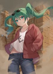 Rule 34 | 1girl, :o, absurdres, aqua eyes, aqua hair, cardigan, collarbone, commentary, denim, earrings, eyewear on head, flat chest, floating clothes, floating hair, from below, grey sky, groin, hair between eyes, hands in pockets, hatsune miku, head tilt, highres, jeans, jewelry, long hair, looking at viewer, necklace, official alternate costume, open cardigan, open clothes, pants, print shirt, red cardigan, ryaru ryaru, sand, shirt, sky, standing, suna no wakusei (vocaloid), sunglasses, twintails, vocaloid, white shirt